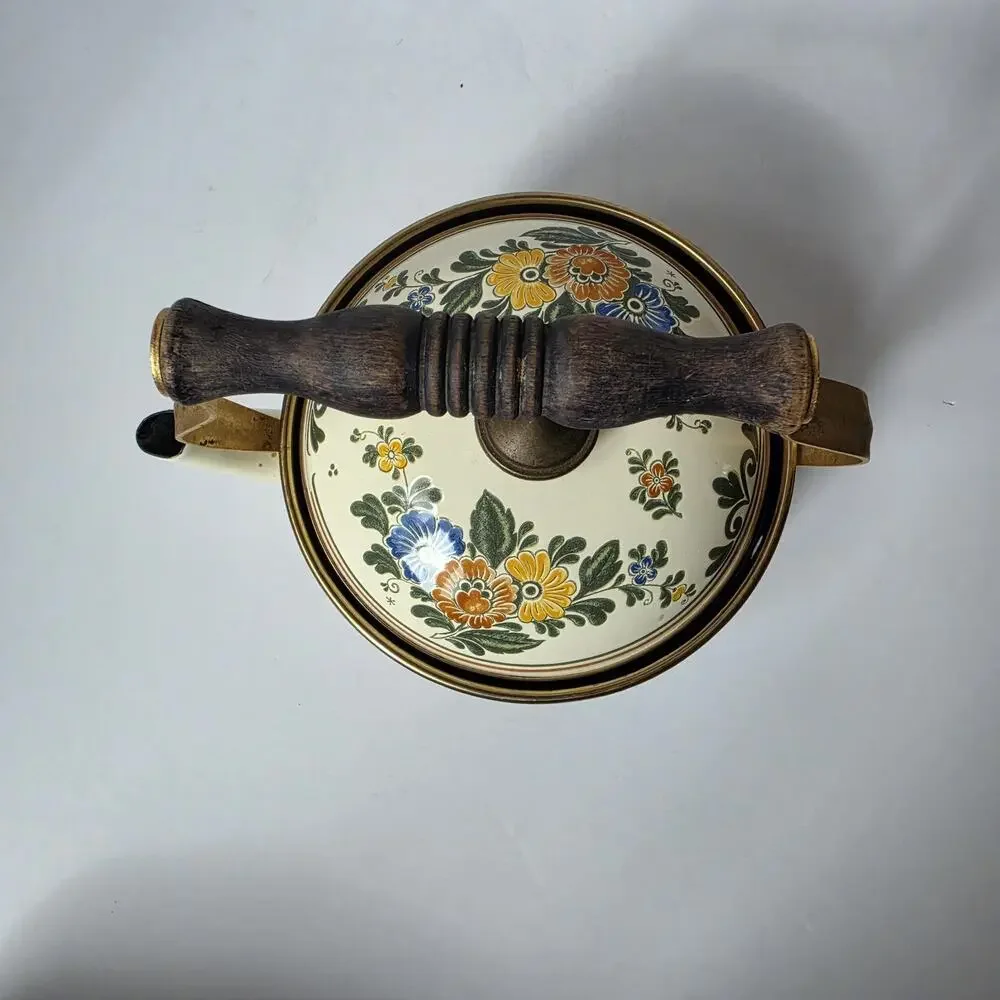 Vintage ASTA Germany Enamel Tea Kettle With Warmer Stand Floral Mid Century